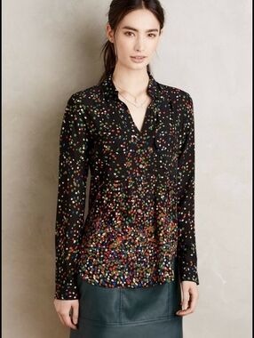 366-Maeve Anthropologie Black Multicolor Confetti Dot Button-Down Shirt